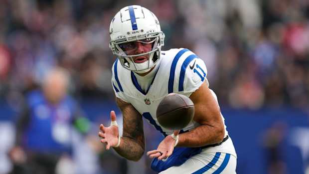 Nov 12, 2023; Frankfurt, Germany; Indianapolis Colts wide receiver Michael Pittman Jr. (11) warms up before a game against the New England Patriots during an International Series game at Deutsche Bank Park. Mandatory Credit: Nathan Ray Seebeck-USA TODAY Sports